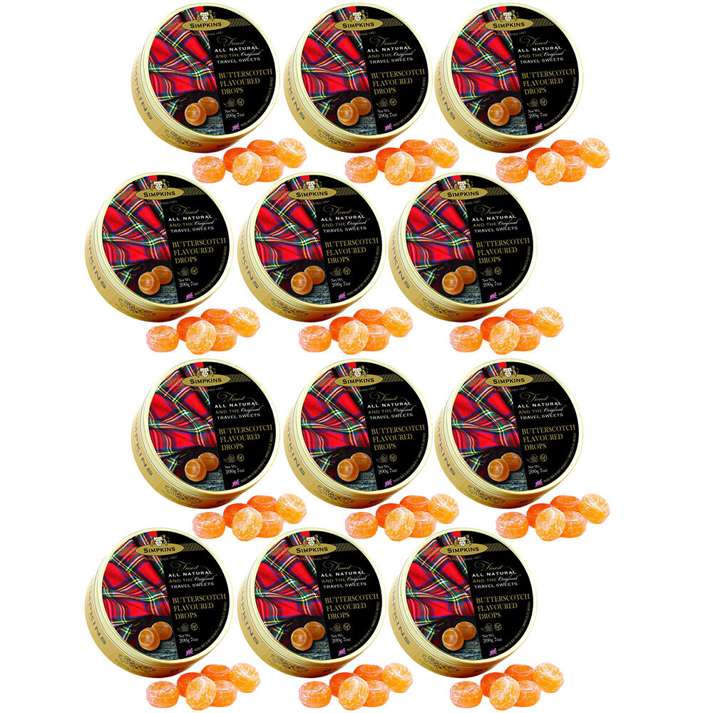 Simpkins Butterscotch Drops 12 x 200g Tins Traditional British Travel Sweets