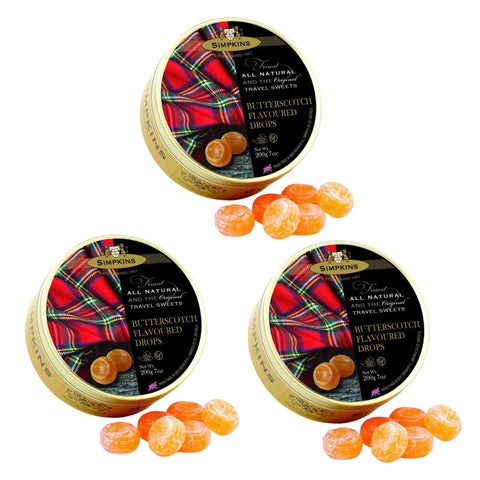 Simpkins 3 x Butterscotch Flavoured Drops 200g Tin Sweets Candy Lollies