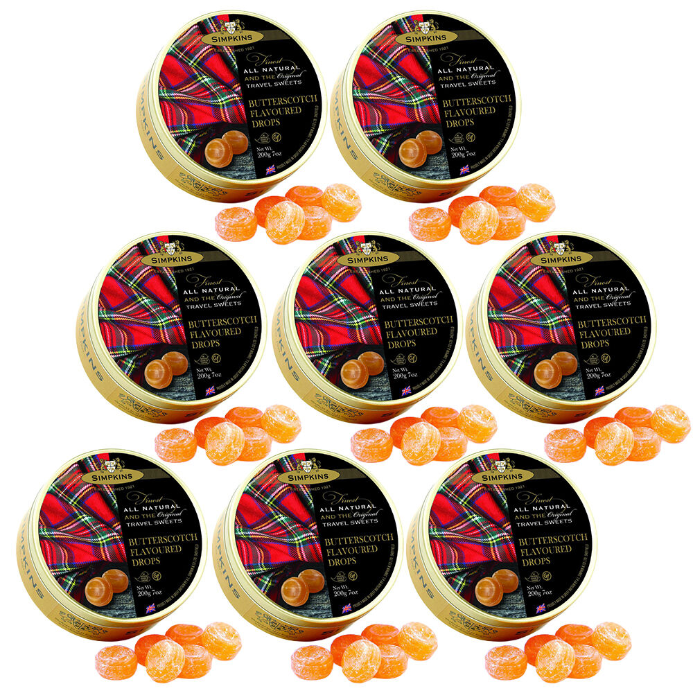 Simpkins Butterscotch Drops 8 x 200g Tins Traditional British Travel Sweets