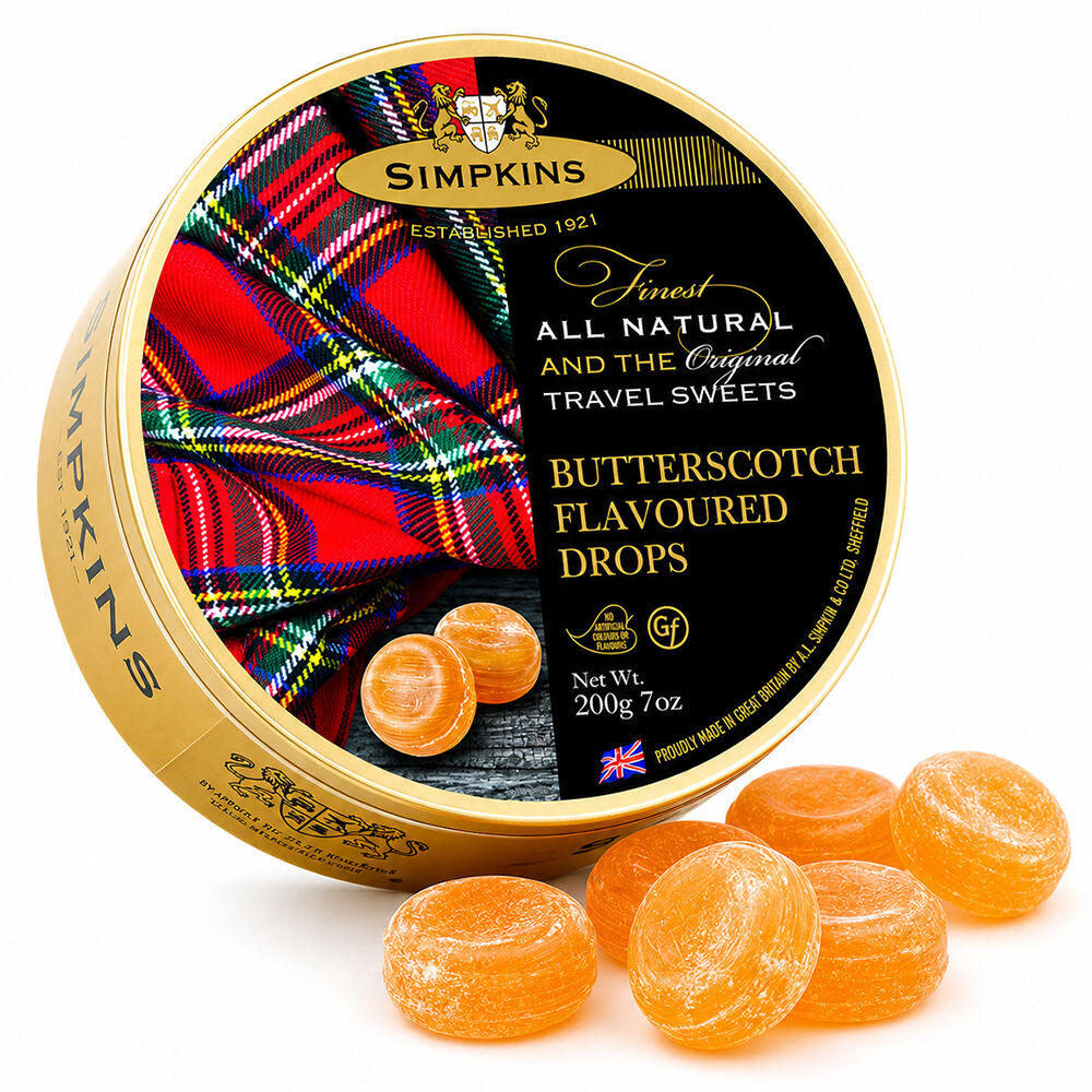 Simpkins Butterscotch Flavoured Drops 200g Tin Sweets Candy Lollies