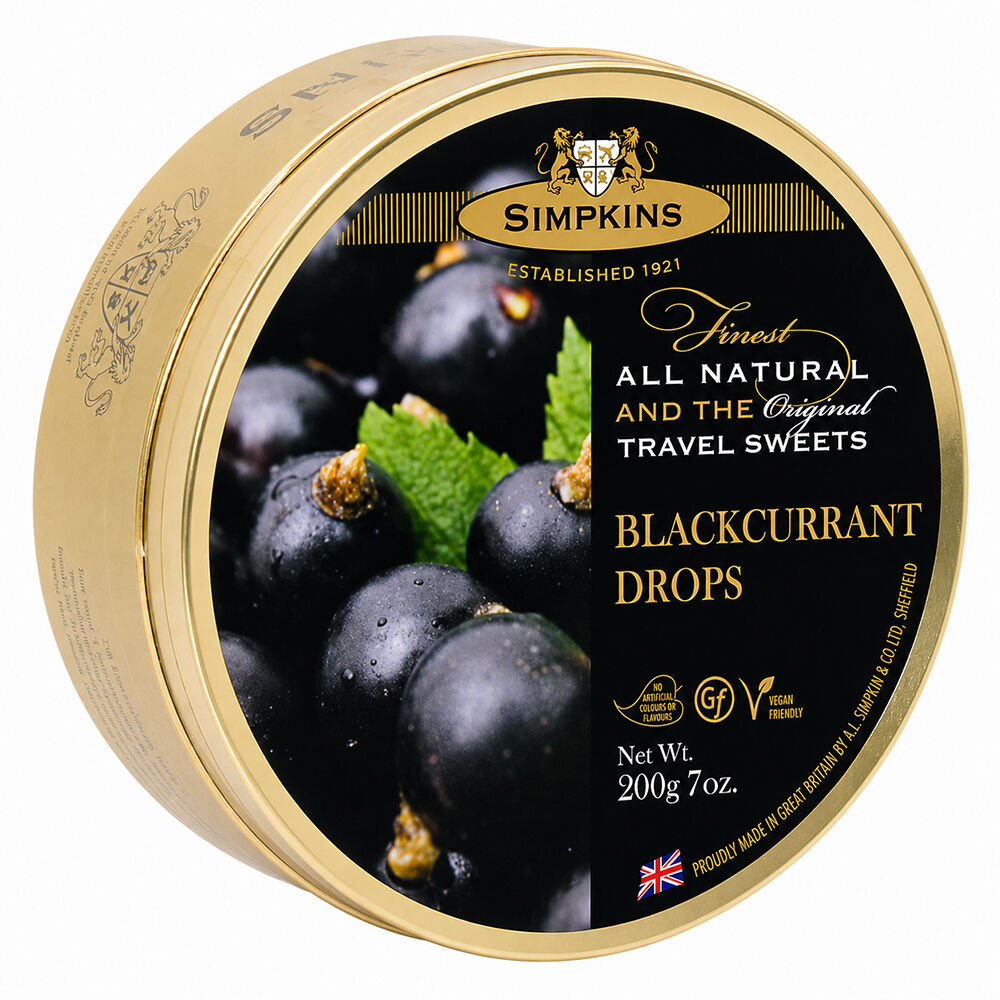 Simpkins Black Currant Drops 200g Tin Sweets Candy Lollies