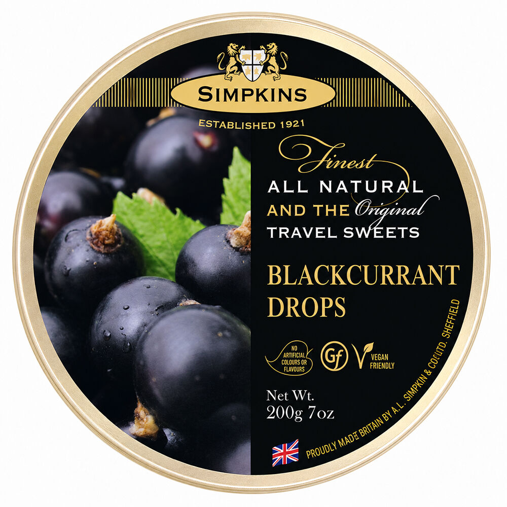 Simpkins Black Currant Drops 200g Tin Sweets Candy Lollies