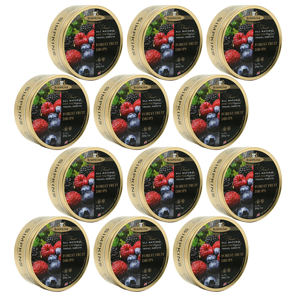 Simpkins Forest Fruit Drops 12 x 200g Tins Traditional British Berry Travel Sweets