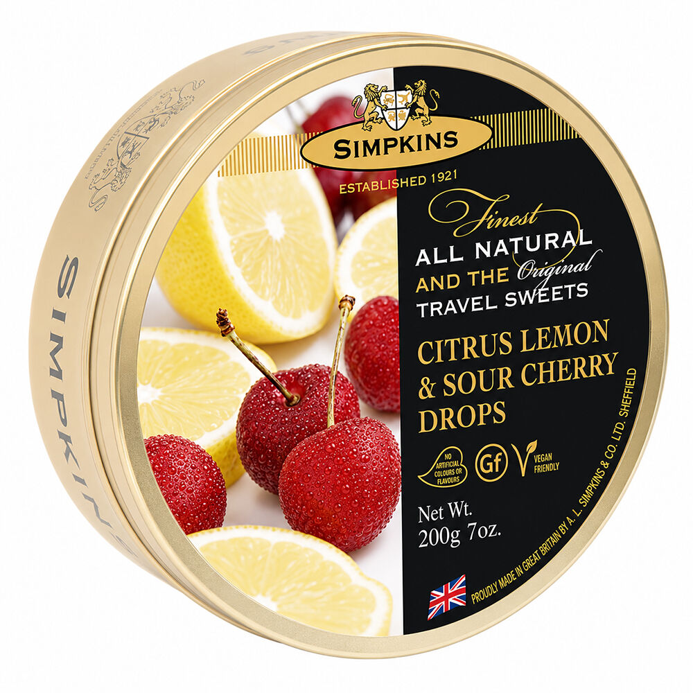 Simpkins Lemon and Sour Cherry Drops 200g Tin Sweets Candy Lollies