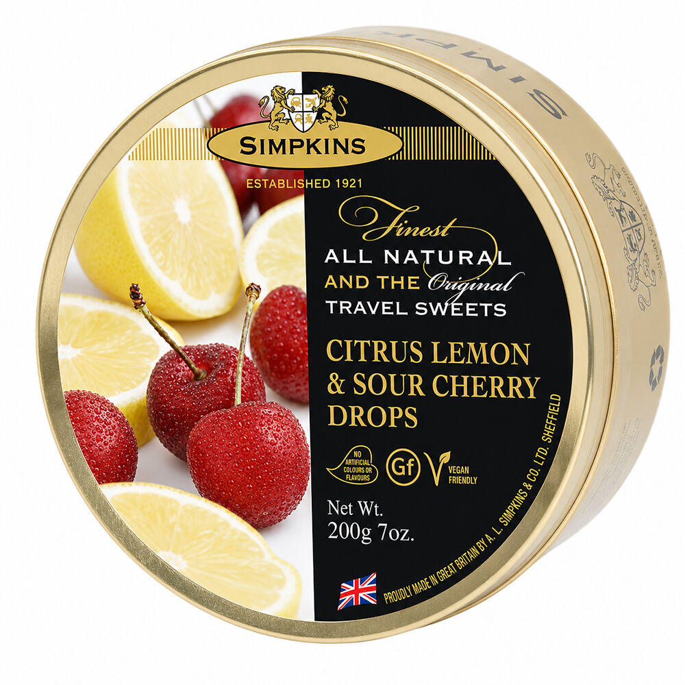 Simpkins Lemon and Sour Cherry Drops 200g Tin Sweets Candy Lollies