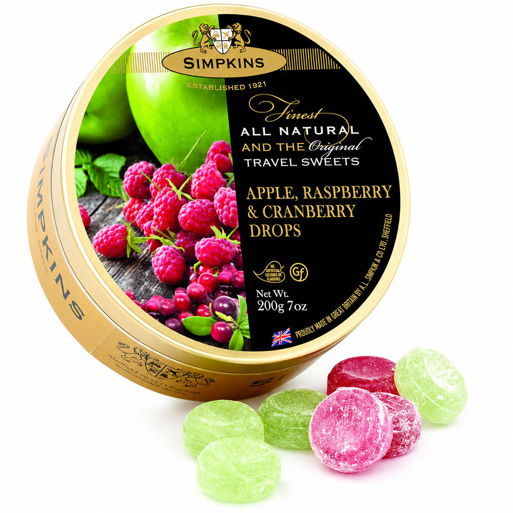 Simpkins Apple Raspberry and Cranberry Drops 200g Tin Sweets Candy Lollies