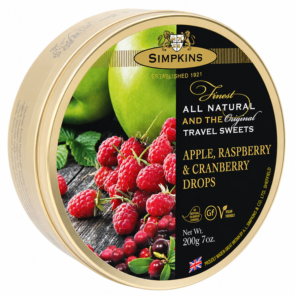 Simpkins Apple Raspberry and Cranberry Drops 200g Tin Sweets Candy Lollies