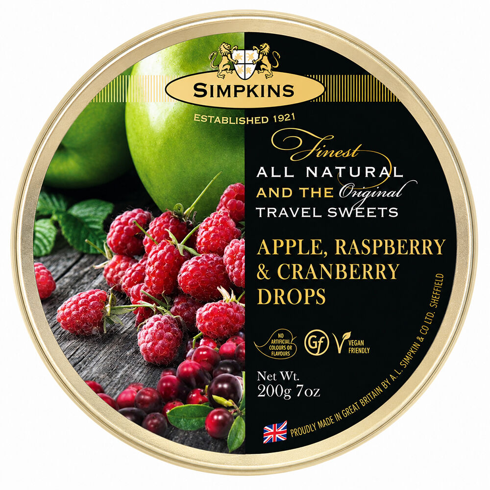 Simpkins Apple Raspberry and Cranberry Drops 200g Tin Sweets Candy Lollies