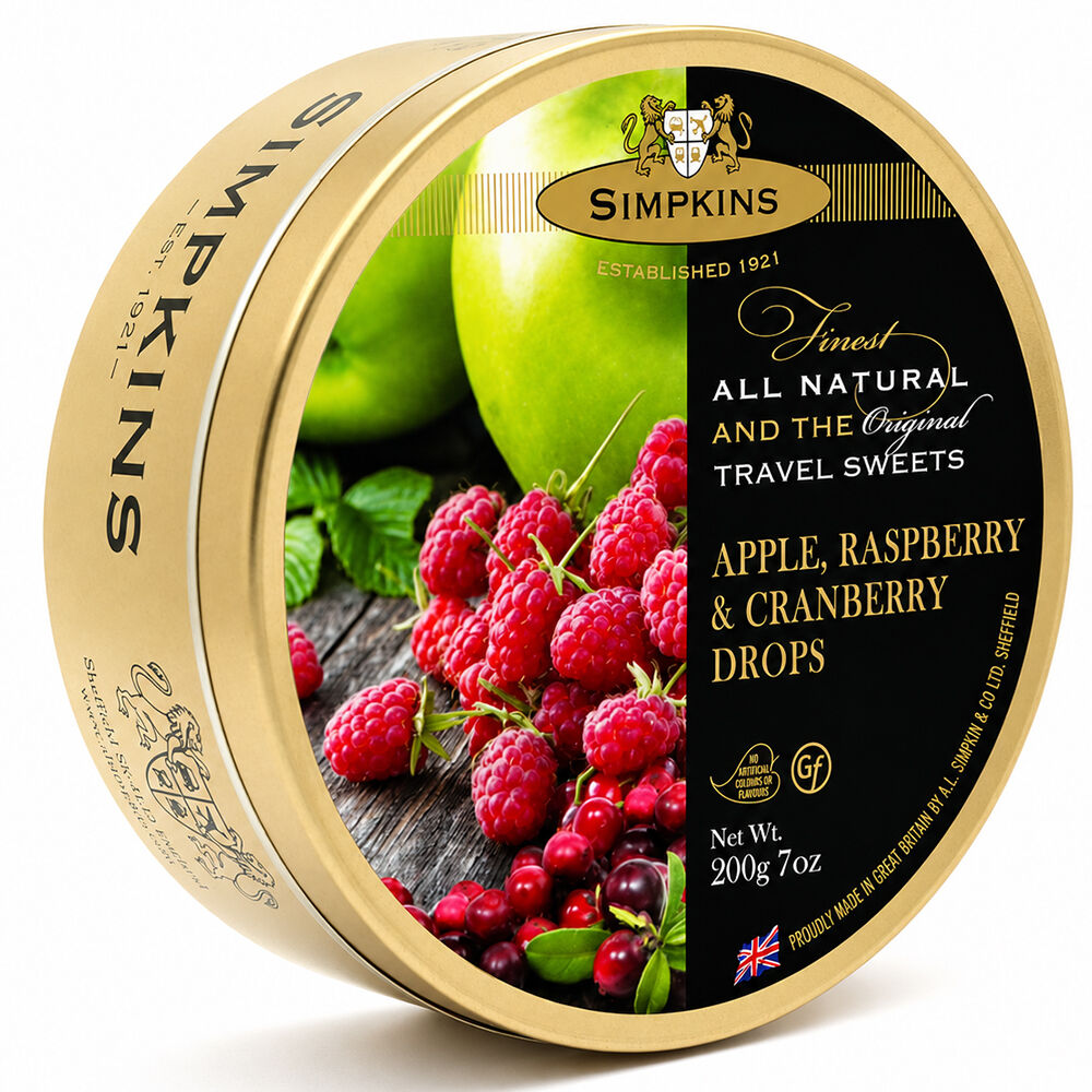 Simpkins Apple Raspberry and Cranberry Drops 200g Tin Sweets Candy Lollies
