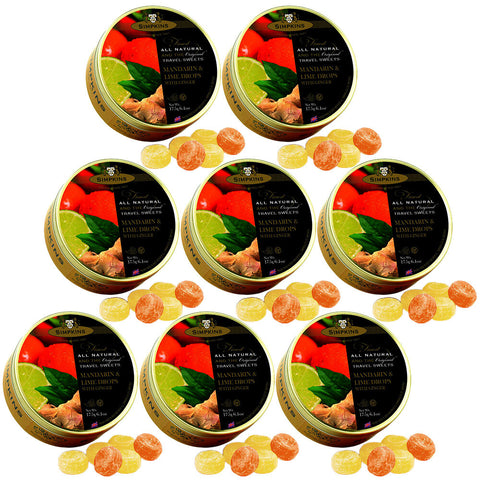 Simpkins Mandarin Lime Ginger Drops 8 x 200g Tins Natural Travel Sweets UK Made