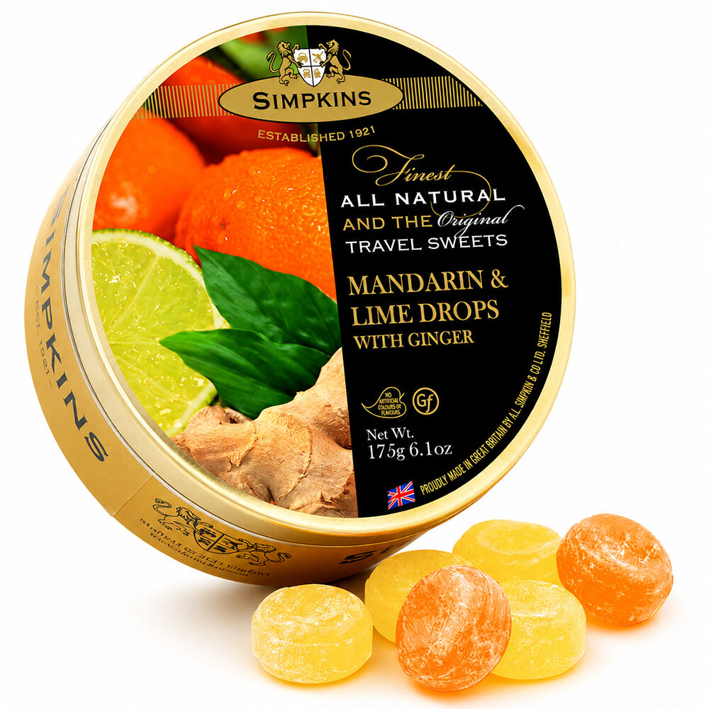 Simpkins Mandarin Lime and Ginger Drops 200g Tin Sweets Candy Lollies