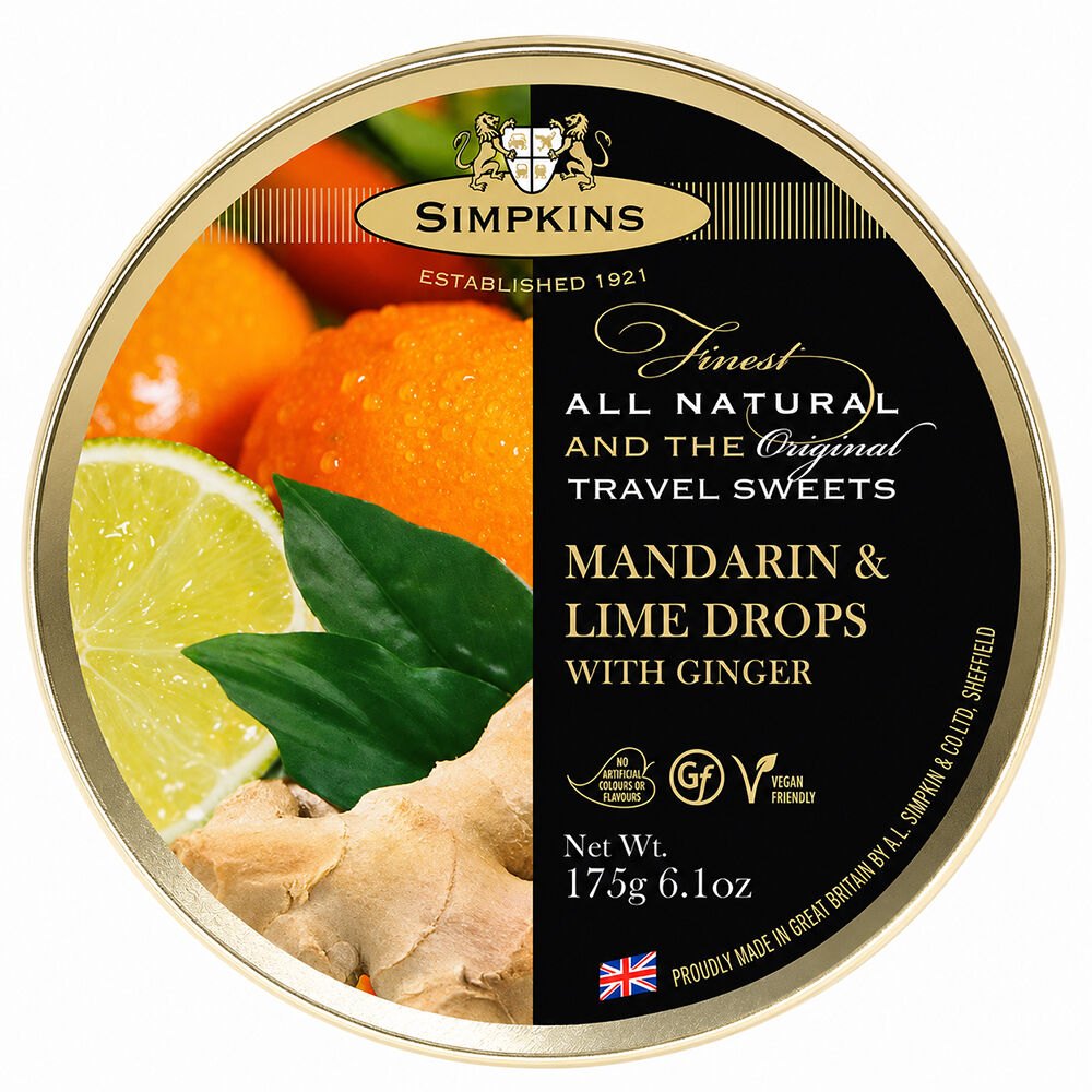 Simpkins Mandarin Lime and Ginger Drops 200g Tin Sweets Candy Lollies