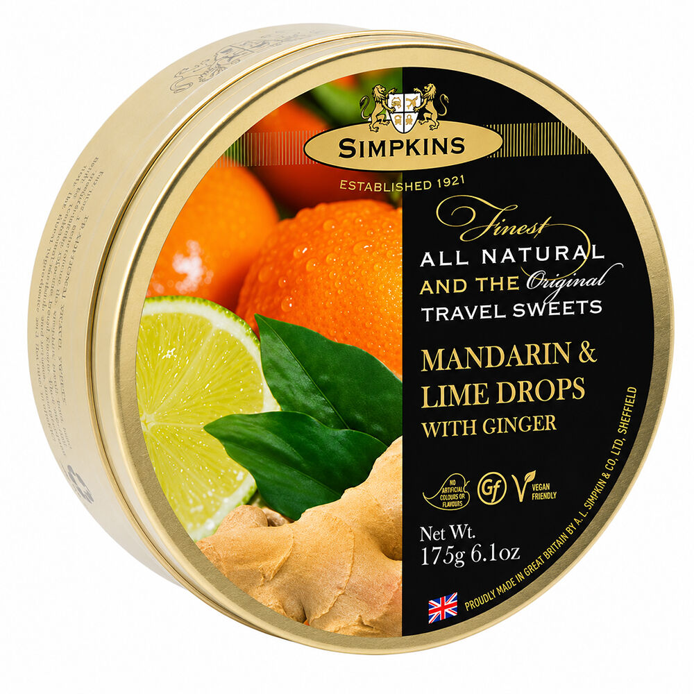 Simpkins Mandarin Lime and Ginger Drops 200g Tin Sweets Candy Lollies