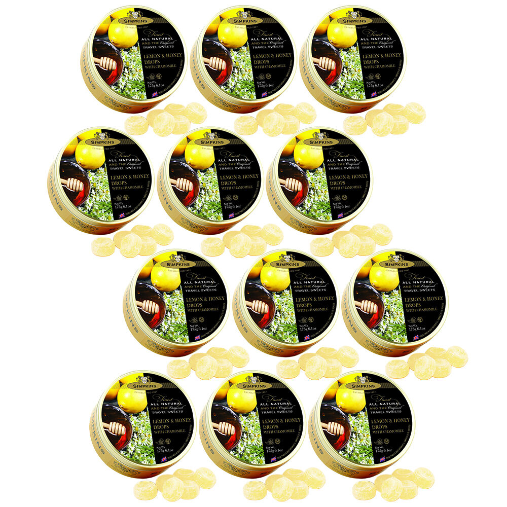 Simpkins Lemon Honey Chamomile Drops 12 x 200g Tins Soothing Natural Travel Sweets