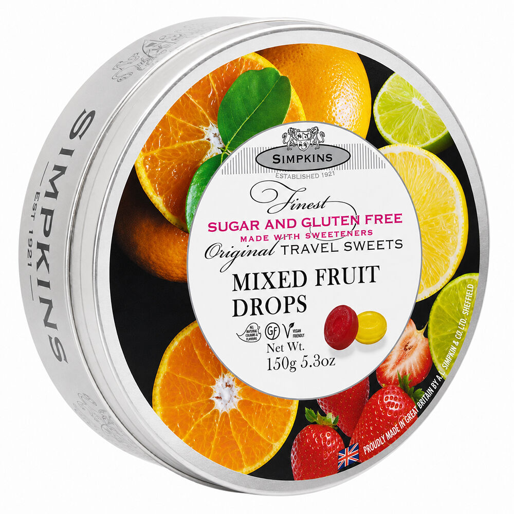 Simpkins Sugar Free Mixed Fruit Drops 150g Tin Sweets Candy Lollies
