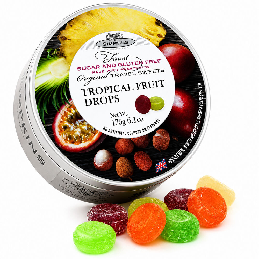 Simpkins Sugar Free Tropical Fruit Drops 175g Tin Sweets Candy Lollies