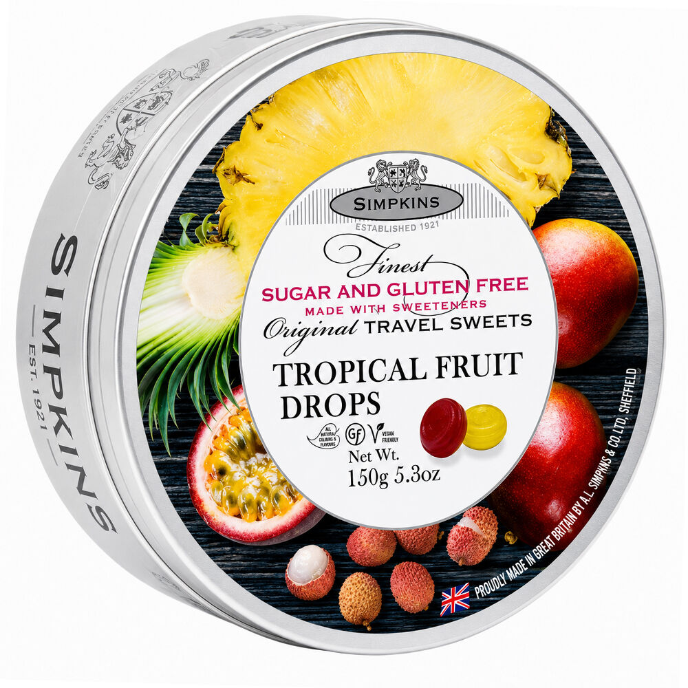 Simpkins Sugar Free Tropical Fruit Drops 175g Tin Sweets Candy Lollies