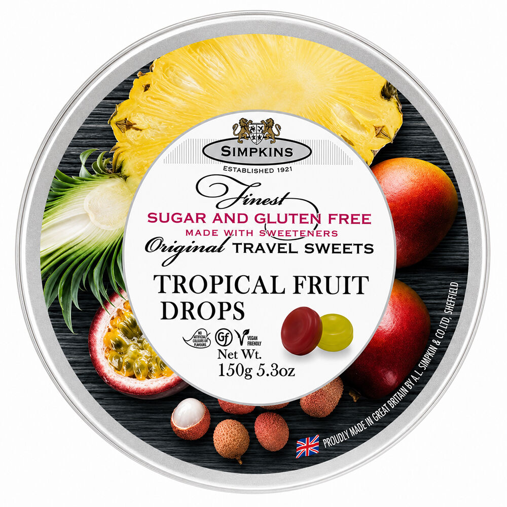 Simpkins Sugar Free Tropical Fruit Drops 175g Tin Sweets Candy Lollies