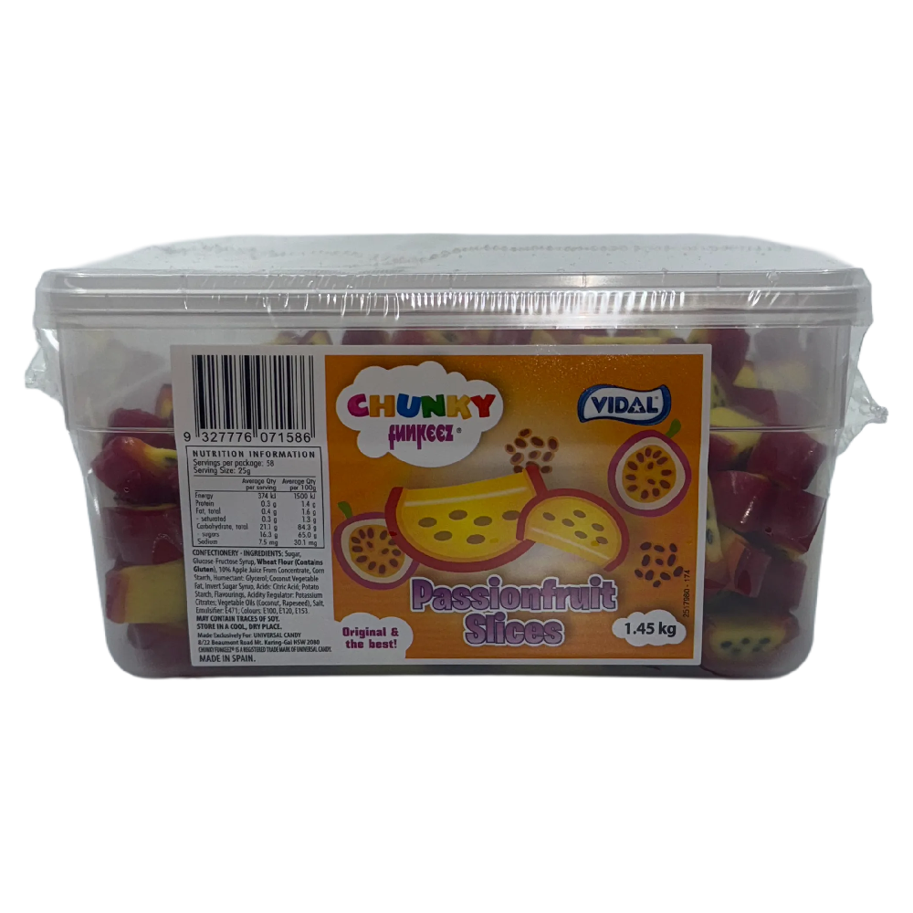 Vidal Chunky Liquorice Passion Fruit Slices Tub 1.45kg Bulk Candy