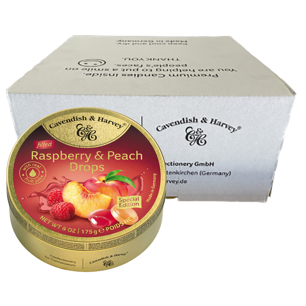 Cavendish and Harvey Raspberry & Peach Drops 175g Tin Sweets Candy Lollies x 10