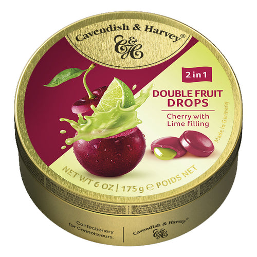 Cavendish and Harvey Double Fruit Cherry Drops Filled With Lime 175gm Tin Sweets