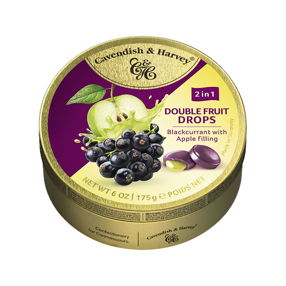 Cavendish and Harvey Double Fruit Blackcurrant Drops Filled With Apple 175gm Tin Sweets