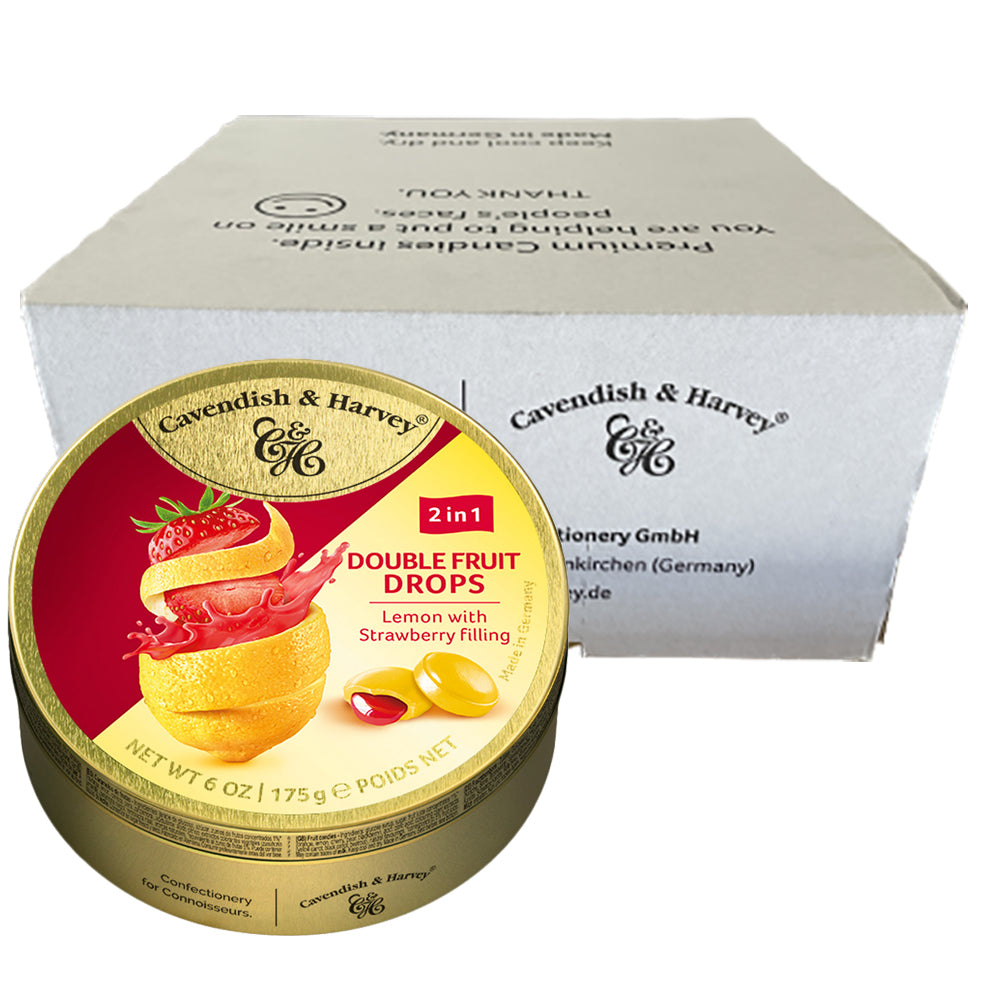 Cavendish and Harvey Double Fruit Lemon Drops Filled With Strawberry 175gm Tin Sweets x 10