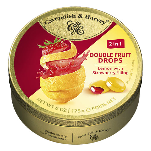Cavendish and Harvey Double Fruit Lemon Drops Filled With Strawberry 175gm Tin Sweets