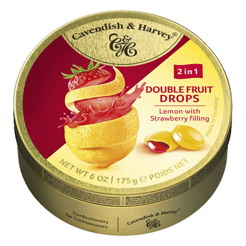 Cavendish and Harvey Double Fruit Lemon Drops Filled With Strawberry 175gm Tin Sweets