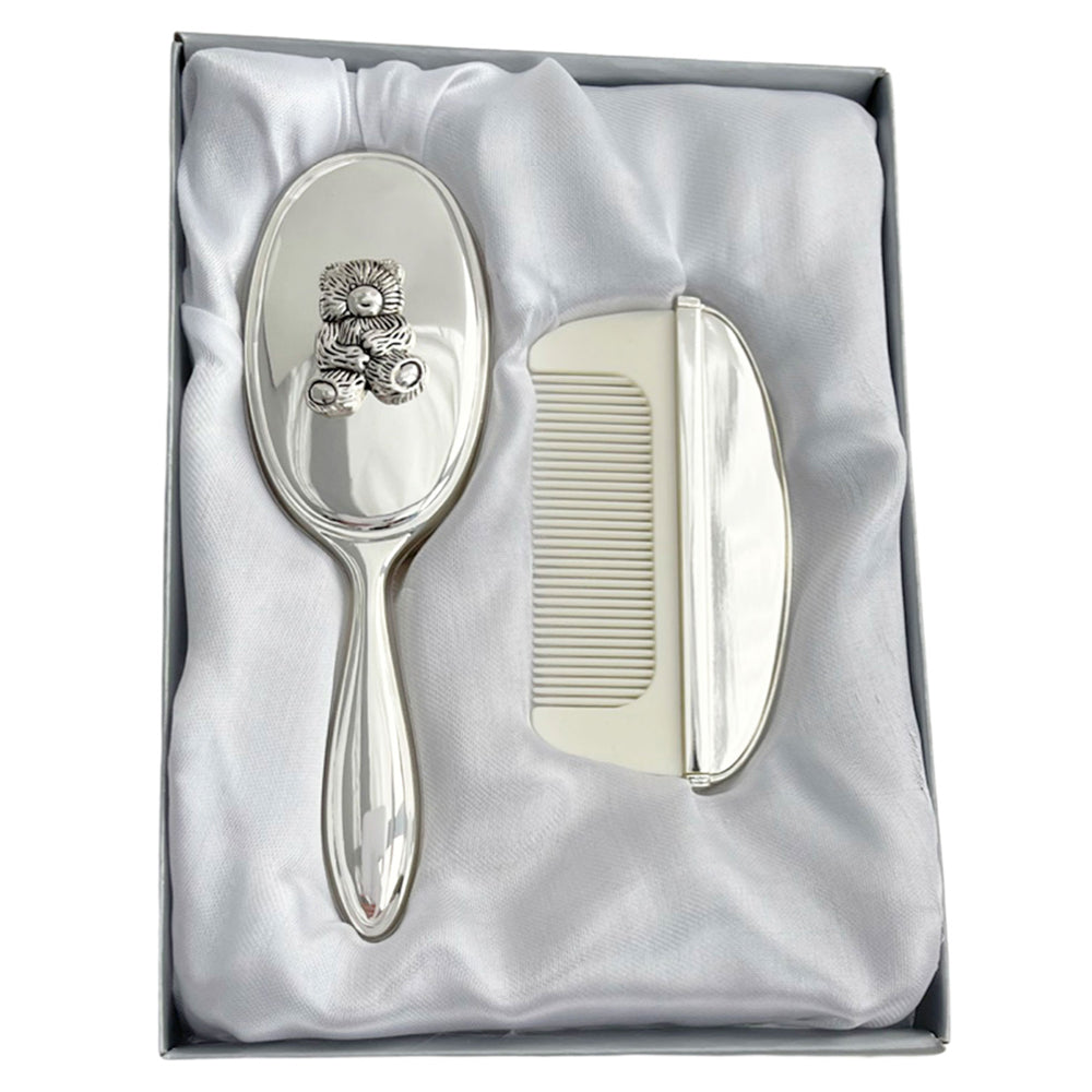 Baby Soft Hair Brush & Comb Set Bear Design Silver Plated Child Hair Care