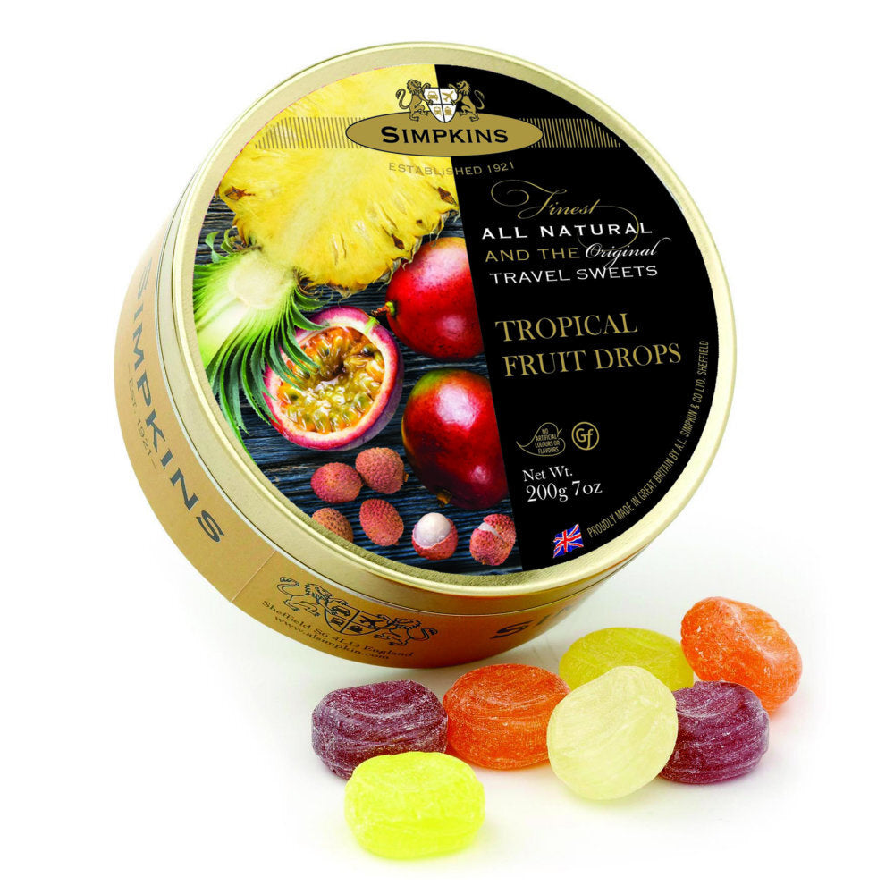 Simpkins Tropical Fruit Drops 200g Tin Sweets Candy Lollies