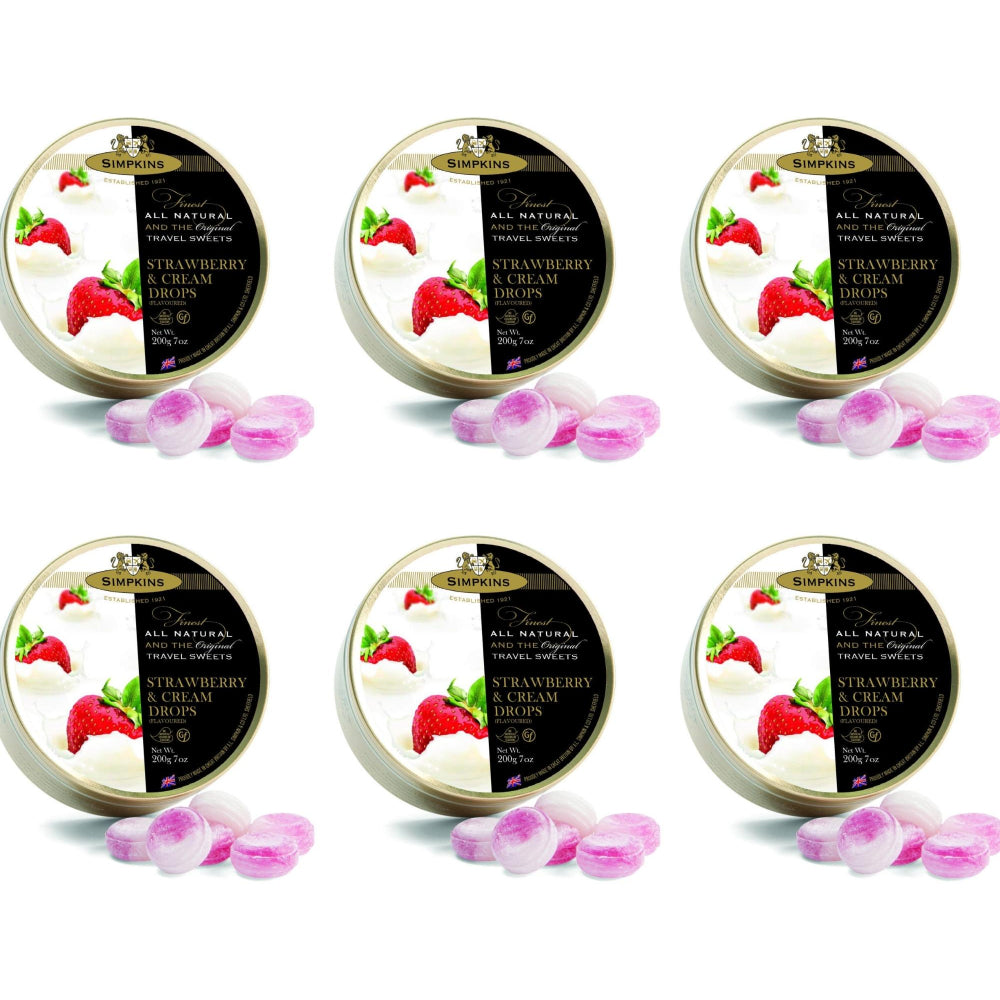 6 x Simpkins Strawberries and Cream Drops 200g Tin Sweets Candy Lollies