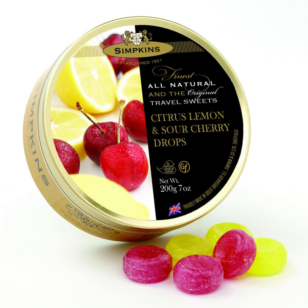 Simpkins Lemon and Sour Cherry Drops 200g Tin Sweets Candy Lollies