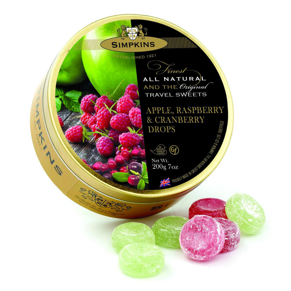 Simpkins Apple Raspberry and Cranberry Drops 200g Tin Sweets Candy Lollies