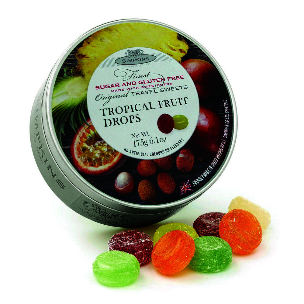 Simpkins Sugar Free Tropical Fruit Drops 175g Tin Sweets Candy Lollies